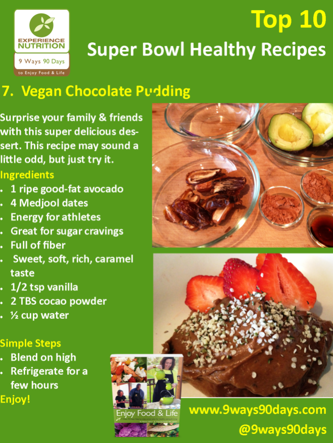 Experience Nutrition: 9 Ways 90 Days: Top 10 Super Bowl Healthy Recipes: 7 Vegan Avocado Chocolate Pudding